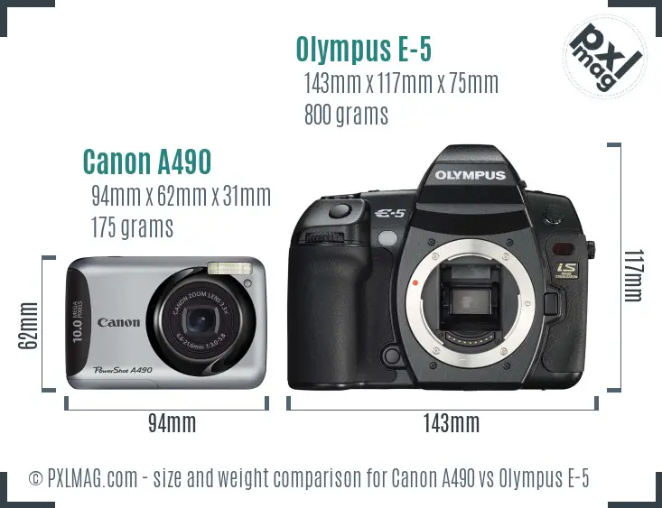 Canon A490 vs Olympus E-5 size comparison