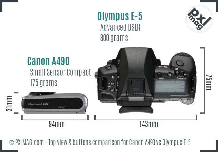 Canon A490 vs Olympus E-5 top view buttons comparison