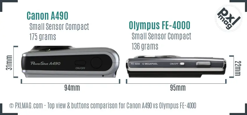 Canon A490 vs Olympus FE-4000 top view buttons comparison