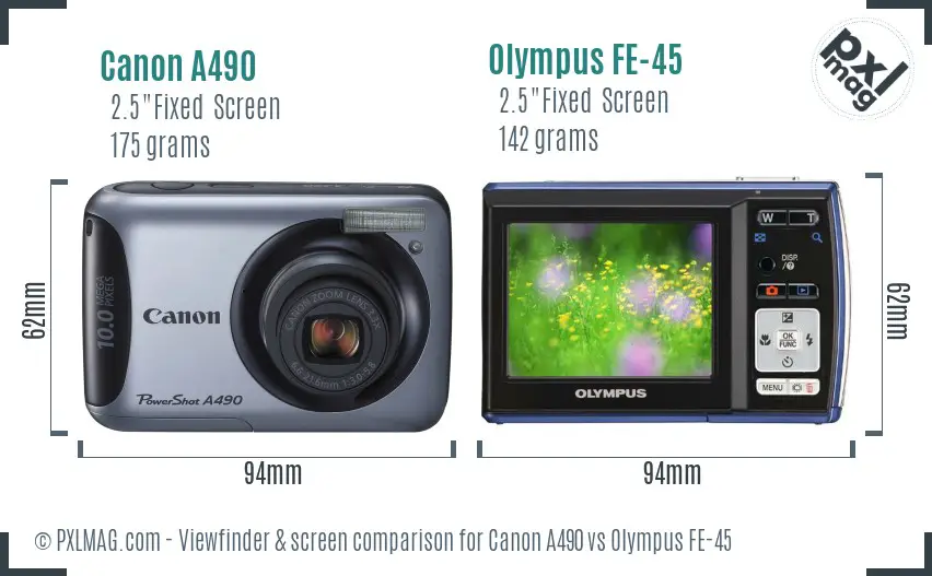 Canon A490 vs Olympus FE-45 Screen and Viewfinder comparison