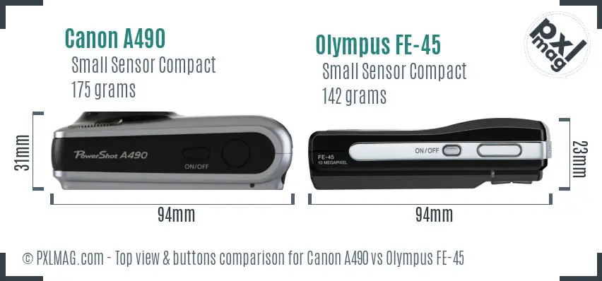 Canon A490 vs Olympus FE-45 top view buttons comparison
