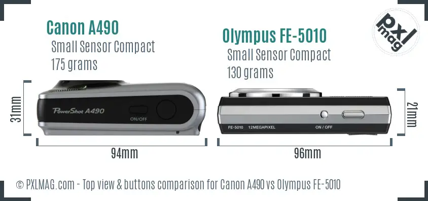 Canon A490 vs Olympus FE-5010 top view buttons comparison