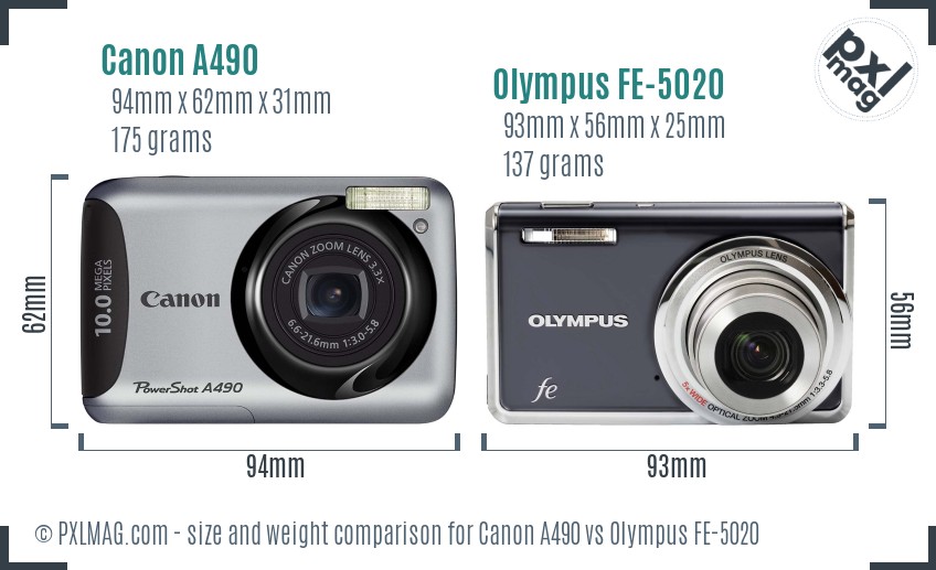 Canon A490 vs Olympus FE-5020 size comparison Canon A490 vs Olympus FE-5020 size comparison