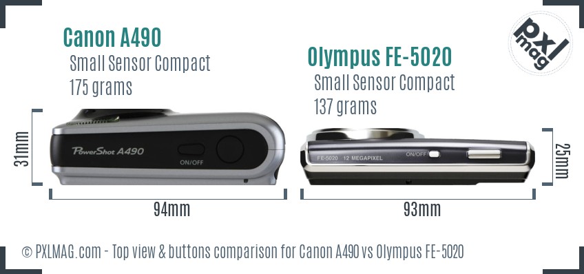 Canon A490 vs Olympus FE-5020 top view buttons comparison