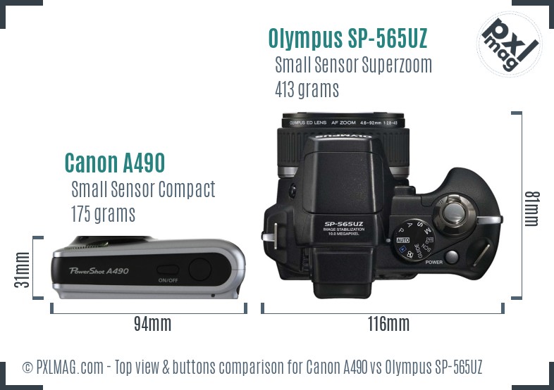 Canon A490 vs Olympus SP-565UZ top view buttons comparison