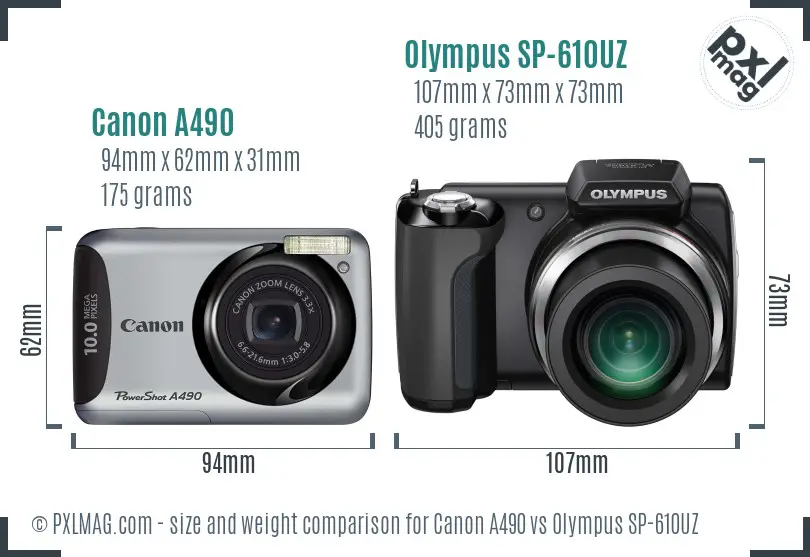 Canon A490 vs Olympus SP-610UZ size comparison