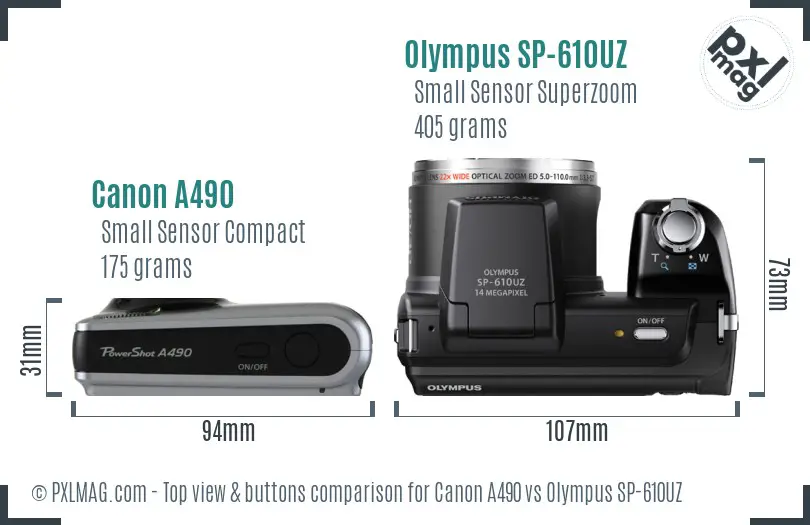 Canon A490 vs Olympus SP-610UZ top view buttons comparison