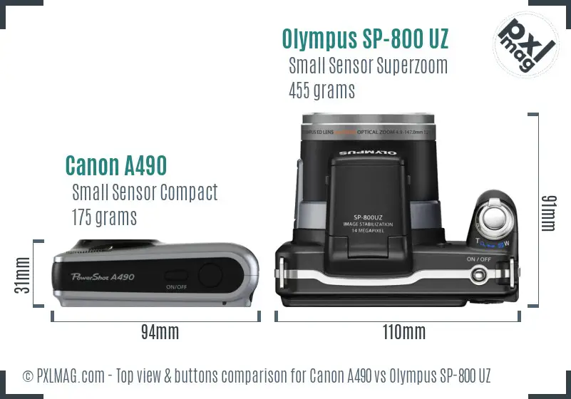 Canon A490 vs Olympus SP-800 UZ top view buttons comparison Canon A490 vs Olympus SP-800 UZ top view buttons comparison