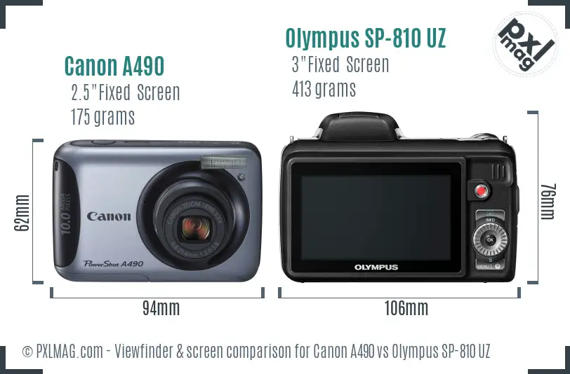 Canon A490 vs Olympus SP-810 UZ Screen and Viewfinder comparison
