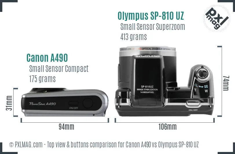 Canon A490 vs Olympus SP-810 UZ top view buttons comparison