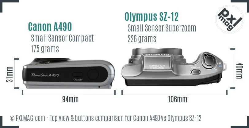 Canon A490 vs Olympus SZ-12 top view buttons comparison Canon A490 vs Olympus SZ-12 top view buttons comparison