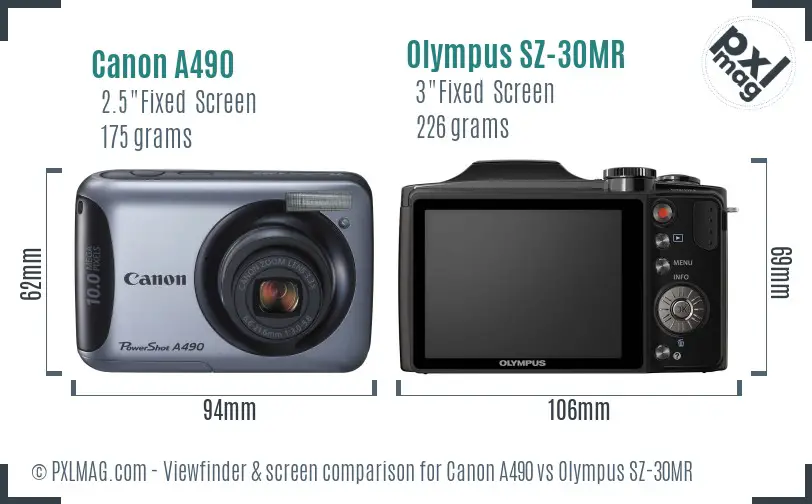 Canon A490 vs Olympus SZ-30MR Screen and Viewfinder comparison