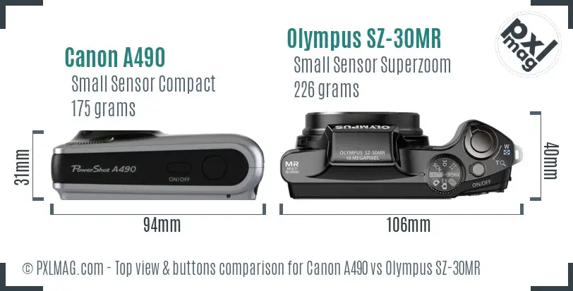 Canon A490 vs Olympus SZ-30MR top view buttons comparison