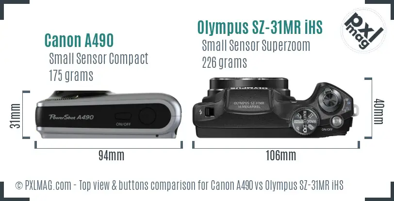 Canon A490 vs Olympus SZ-31MR iHS top view buttons comparison