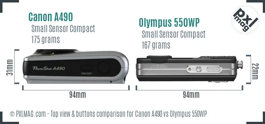 Canon A490 vs Olympus 550WP top view buttons comparison