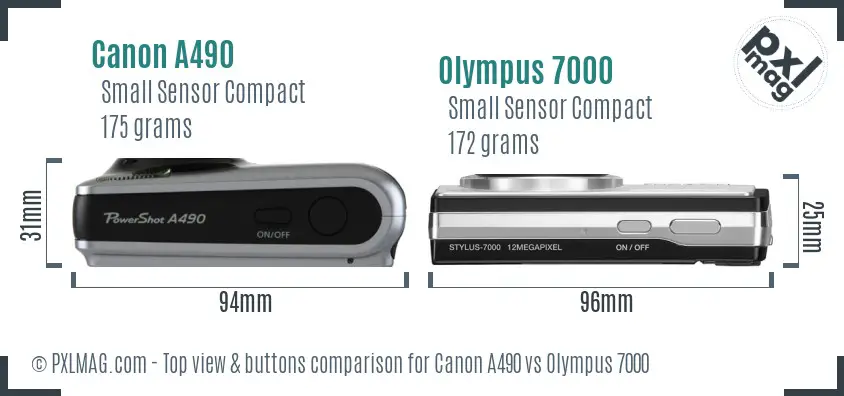 Canon A490 vs Olympus 7000 top view buttons comparison