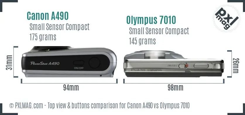 Canon A490 vs Olympus 7010 top view buttons comparison