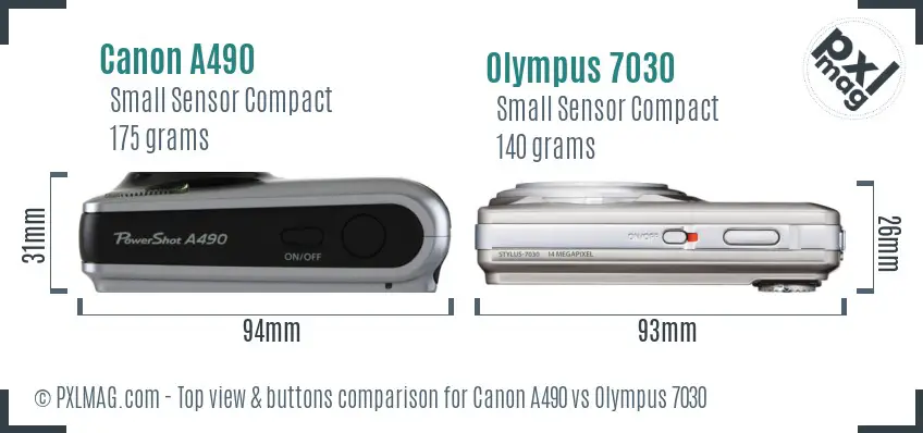 Canon A490 vs Olympus 7030 top view buttons comparison Canon A490 vs Olympus 7030 top view buttons comparison