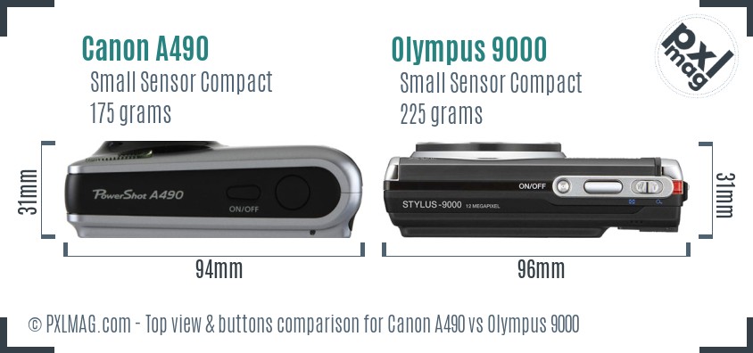 Canon A490 vs Olympus 9000 top view buttons comparison