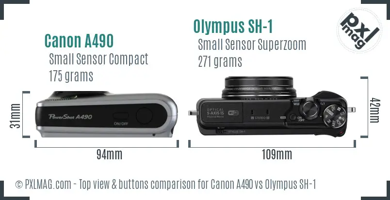 Canon A490 vs Olympus SH-1 top view buttons comparison