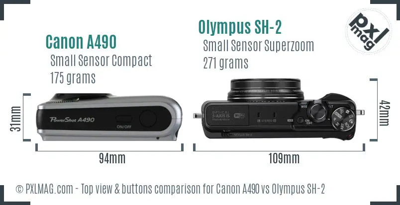 Canon A490 vs Olympus SH-2 top view buttons comparison