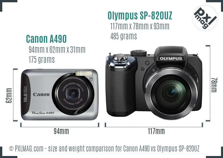 Canon A490 vs Olympus SP-820UZ size comparison Canon A490 vs Olympus SP-820UZ size comparison