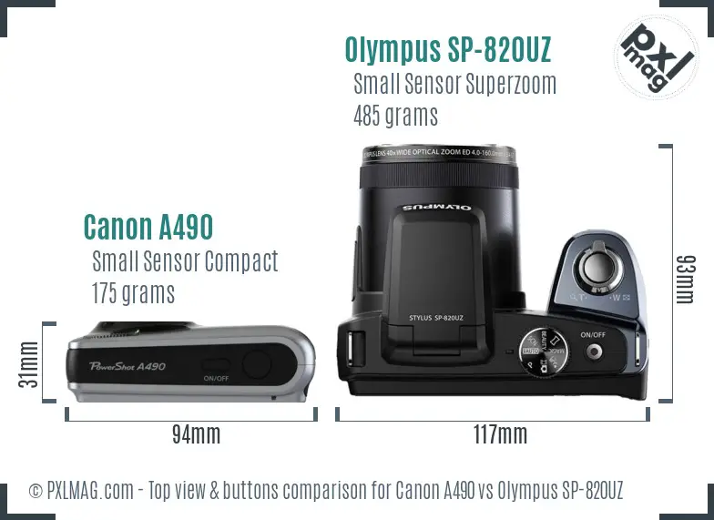 Canon A490 vs Olympus SP-820UZ top view buttons comparison Canon A490 vs Olympus SP-820UZ top view buttons comparison