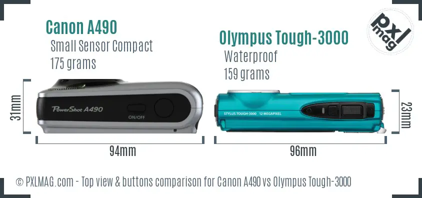 Canon A490 vs Olympus Tough-3000 top view buttons comparison