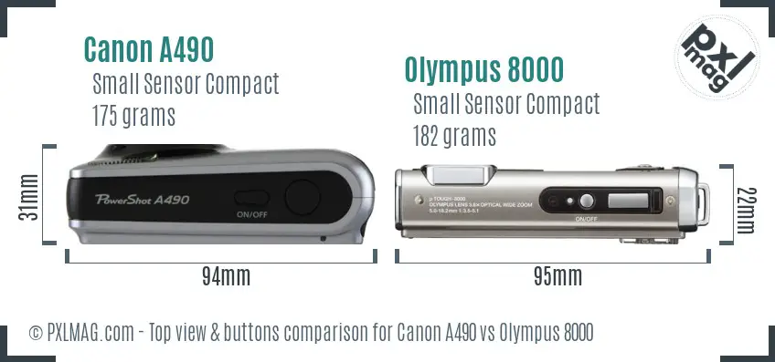 Canon A490 vs Olympus 8000 top view buttons comparison