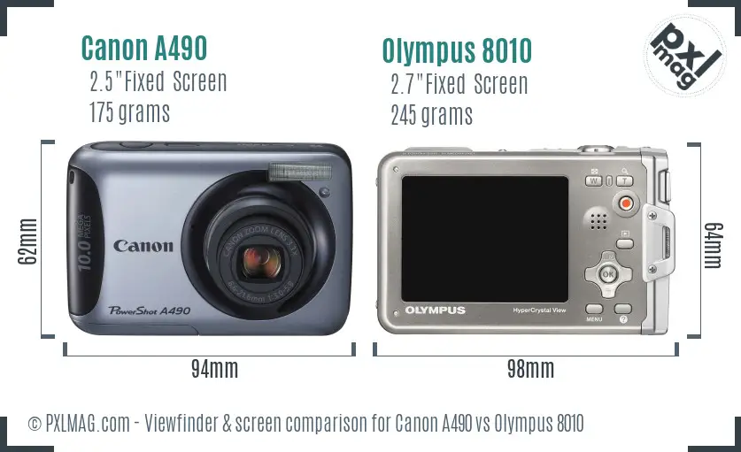 Canon A490 vs Olympus 8010 Screen and Viewfinder comparison