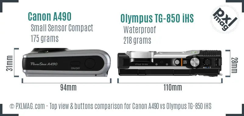 Canon A490 vs Olympus TG-850 iHS top view buttons comparison