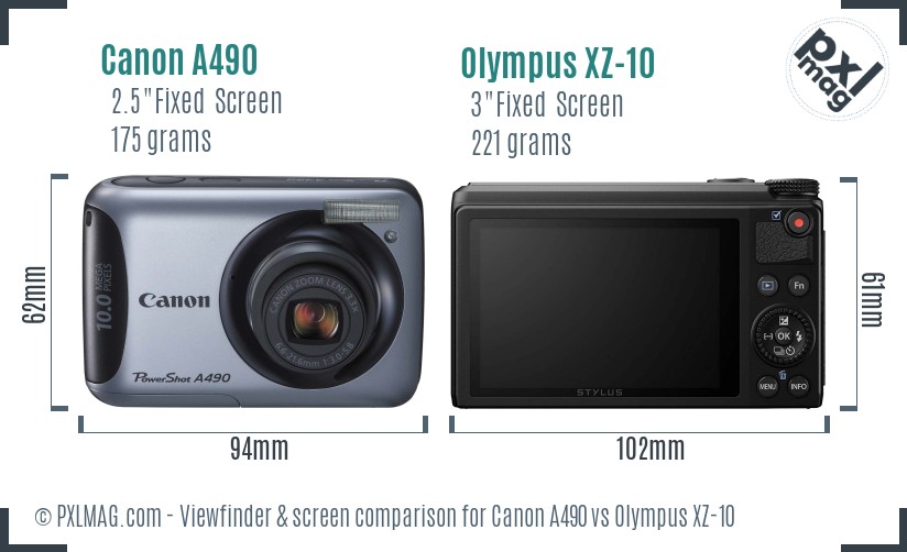 Canon A490 vs Olympus XZ-10 Screen and Viewfinder comparison