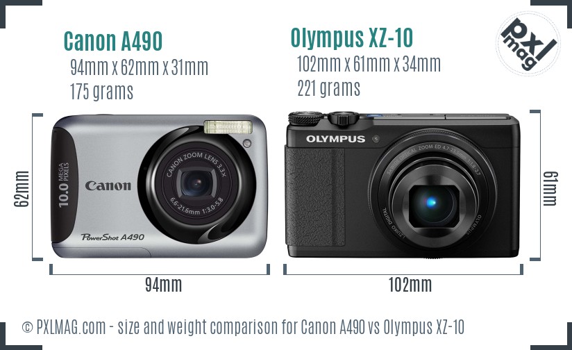 Canon A490 vs Olympus XZ-10 size comparison