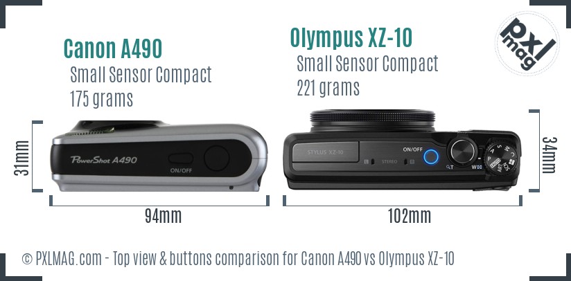 Canon A490 vs Olympus XZ-10 top view buttons comparison