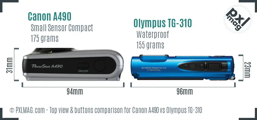 Canon A490 vs Olympus TG-310 top view buttons comparison Canon A490 vs Olympus TG-310 top view buttons comparison
