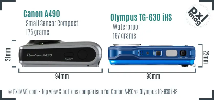 Canon A490 vs Olympus TG-630 iHS top view buttons comparison