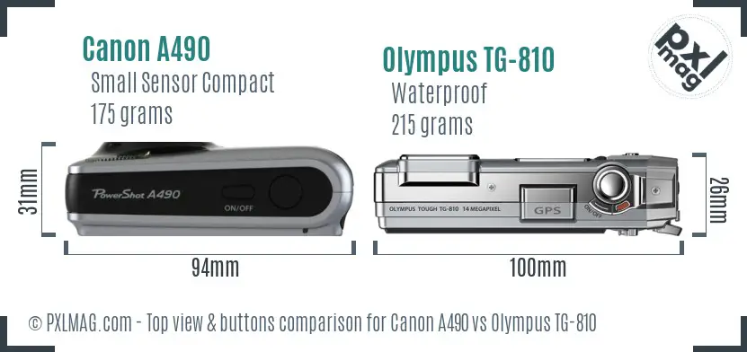 Canon A490 vs Olympus TG-810 top view buttons comparison