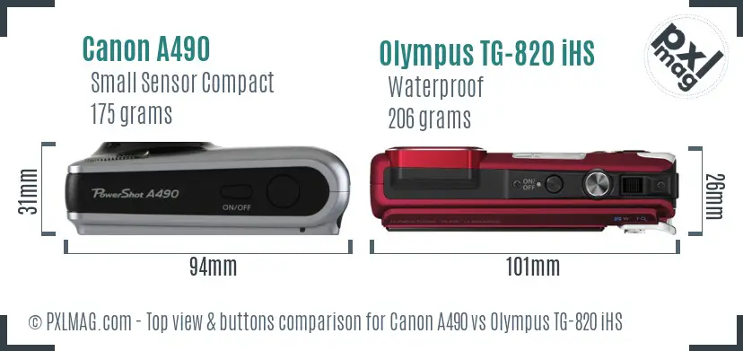 Canon A490 vs Olympus TG-820 iHS top view buttons comparison