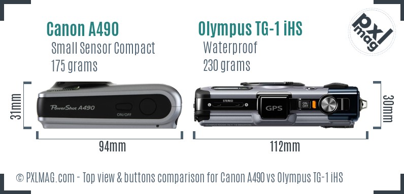 Canon A490 vs Olympus TG-1 iHS top view buttons comparison