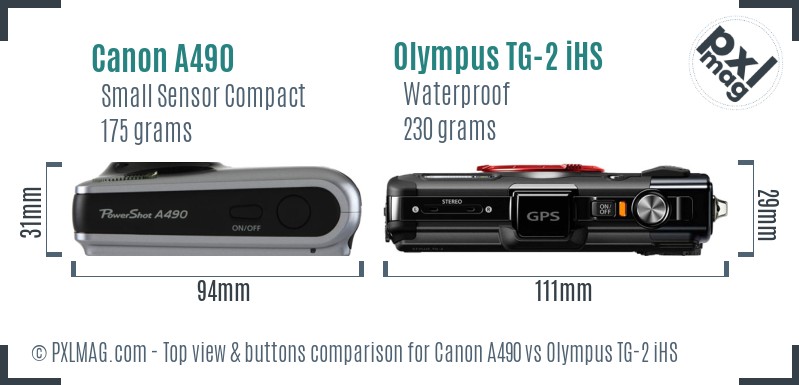 Canon A490 vs Olympus TG-2 iHS top view buttons comparison