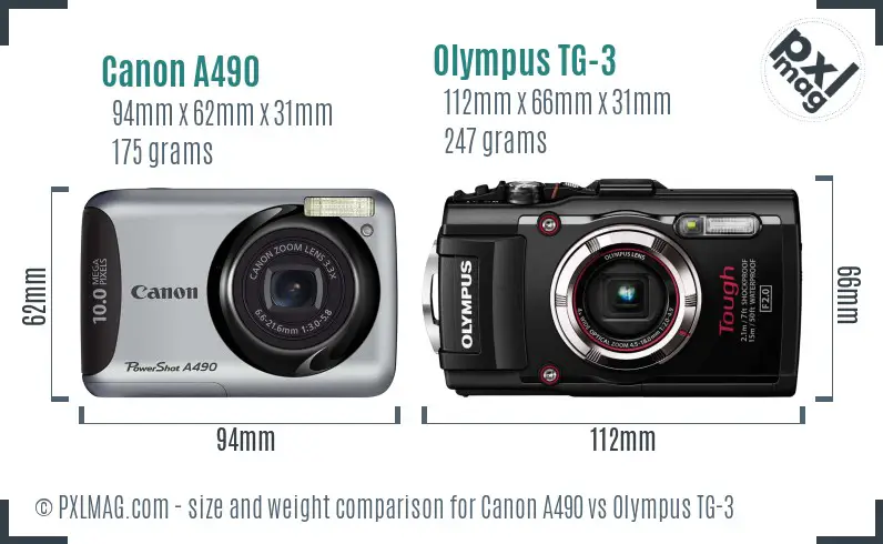 Canon A490 vs Olympus TG-3 size comparison