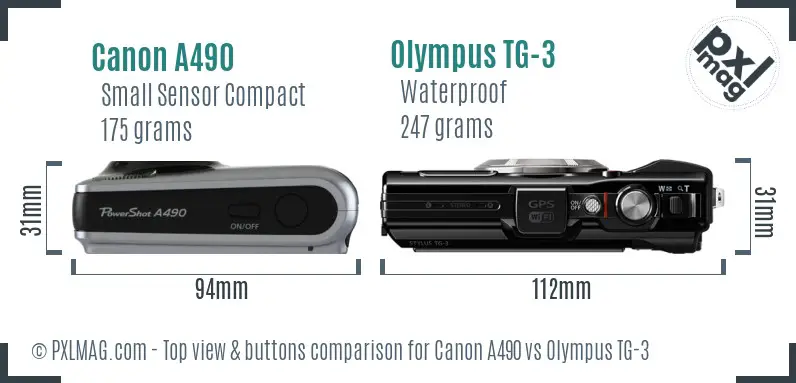 Canon A490 vs Olympus TG-3 top view buttons comparison