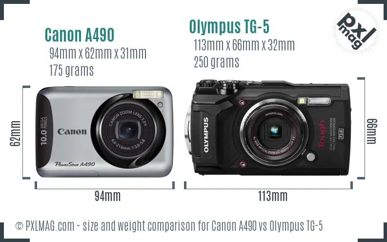 Canon A490 vs Olympus TG-5 size comparison