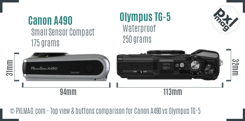 Canon A490 vs Olympus TG-5 top view buttons comparison