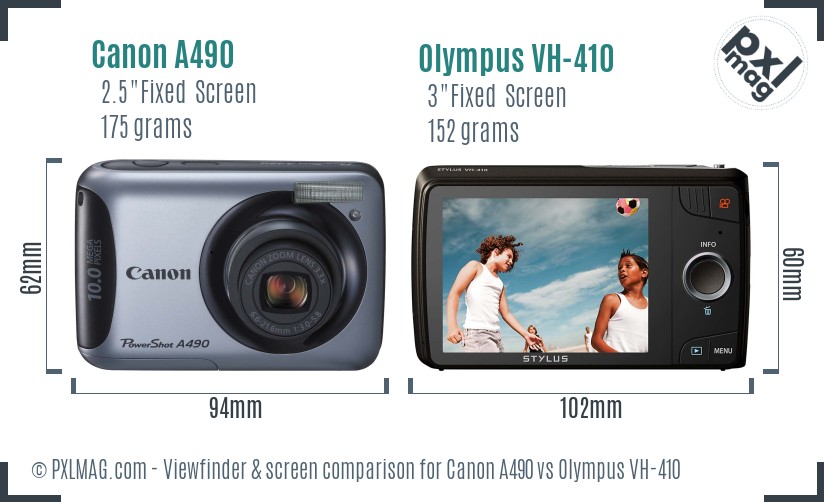 Canon A490 vs Olympus VH-410 Screen and Viewfinder comparison