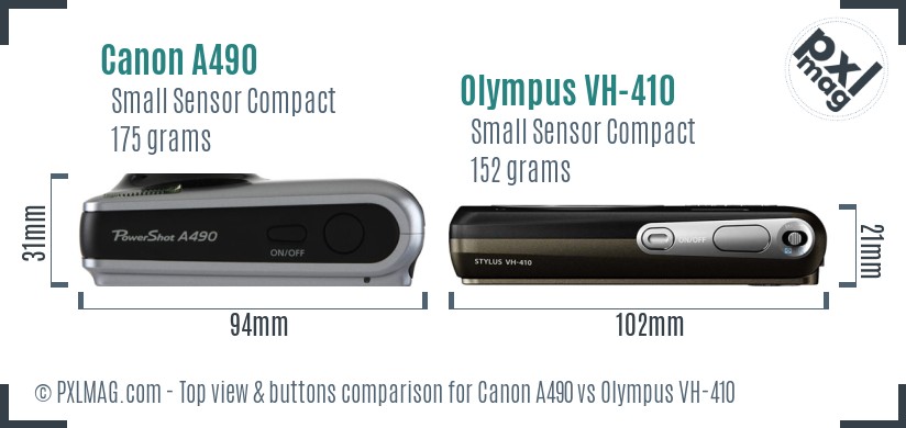 Canon A490 vs Olympus VH-410 top view buttons comparison