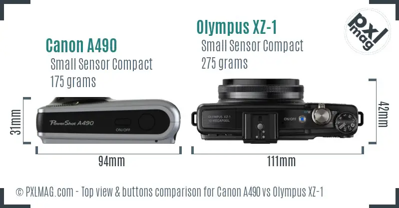 Canon A490 vs Olympus XZ-1 top view buttons comparison