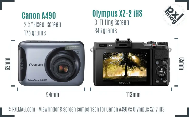 Canon A490 vs Olympus XZ-2 iHS Screen and Viewfinder comparison