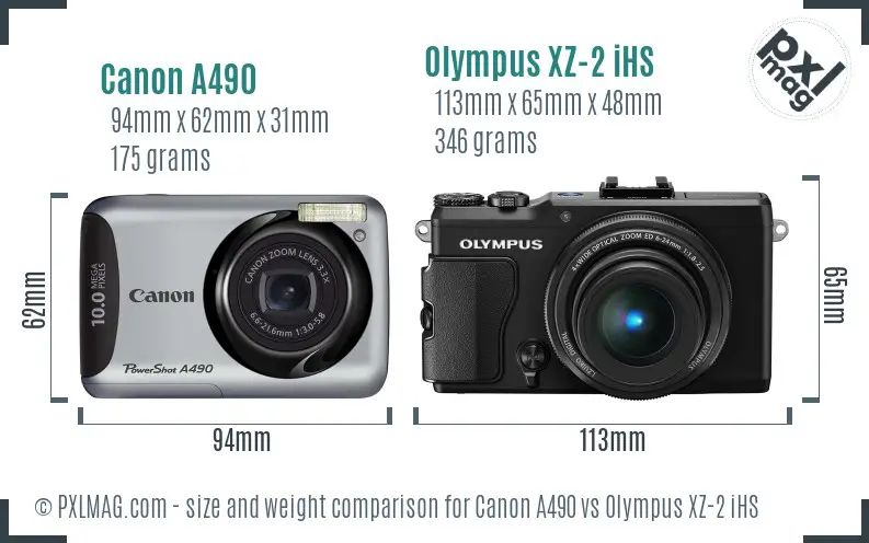 Canon A490 vs Olympus XZ-2 iHS size comparison