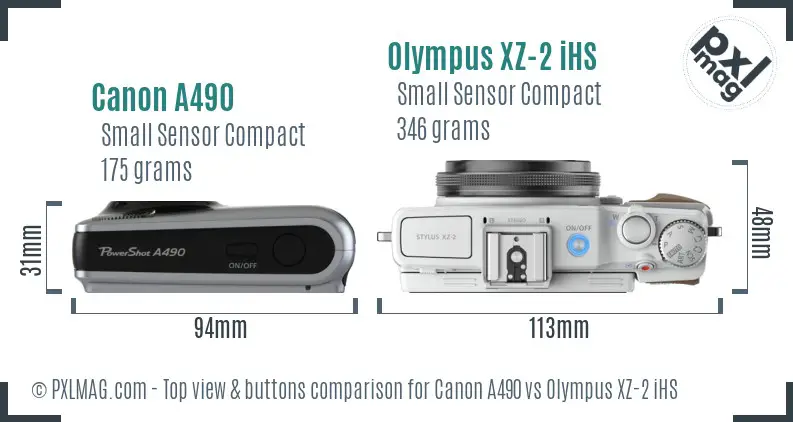 Canon A490 vs Olympus XZ-2 iHS top view buttons comparison